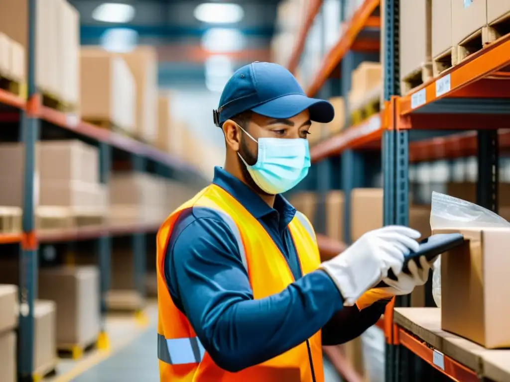 Trabajador de cadena de suministro inspeccionando inventario con determinación y resiliencia en almacén