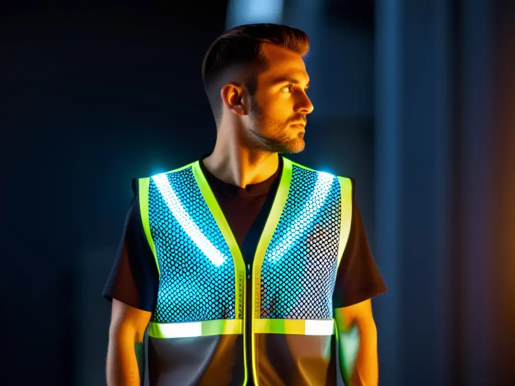 Un trabajador en un entorno industrial tenue usa un chaleco reflectante tecnológico evolucionado, demostrando su innovación y seguridad