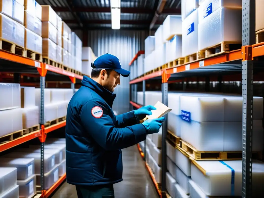 Un trabajador de almacén, con ropa aislante y guantes, organiza y etiqueta cajas de productos congelados en un congelador industrial