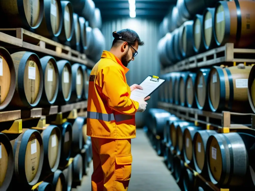 Un trabajador con traje de protección inspecciona barriles de materiales peligrosos en almacén