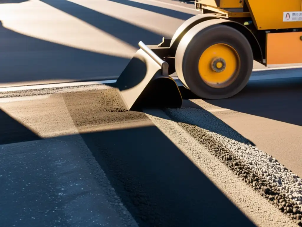 Trabajadores extendiendo asfalto ecológico en la ciudad, con sombras alargadas y maquinaria pesada