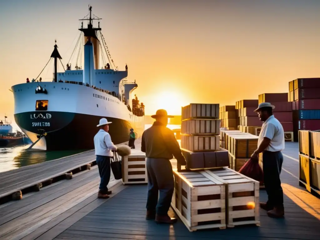 Trabajadores cargan y descargan bienes en un puerto histórico al atardecer, utilizando poleas y palancas