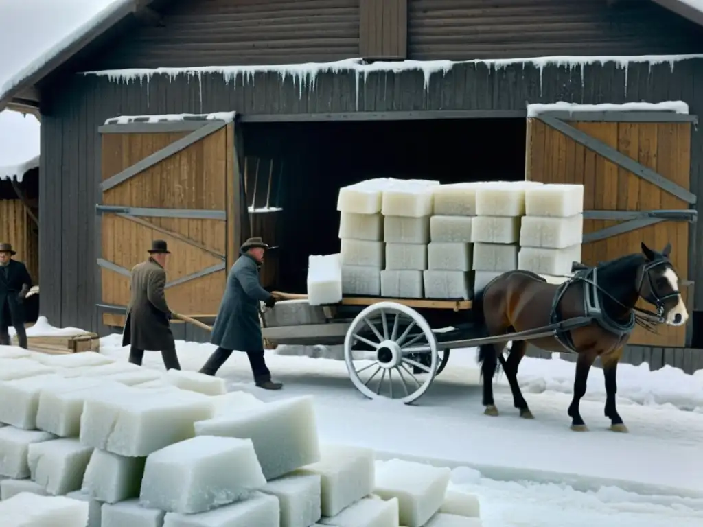 Trabajadores descargan bloques de hielo en una casa de hielo, mostrando el impacto histórico de la logística de frío en el siglo XX