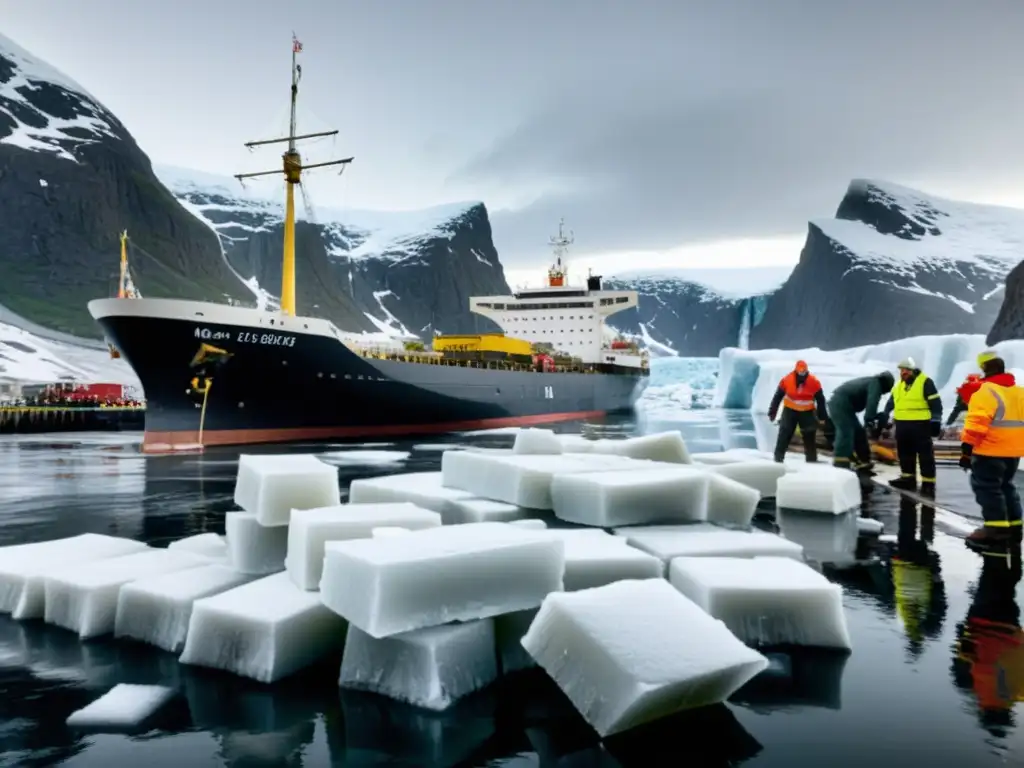 Trabajadores cargando bloques de hielo en un puerto noruego para exportación