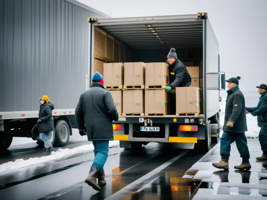 Trabajadores descargando cajas de productos frescos en un ambiente frío, resaltando el impacto histórico de la logística de frío