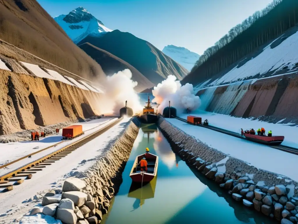 Trabajadores usan dinamita para crear un canal de navegación, mostrando el impacto ambiental de la construcción en un entorno desafiante