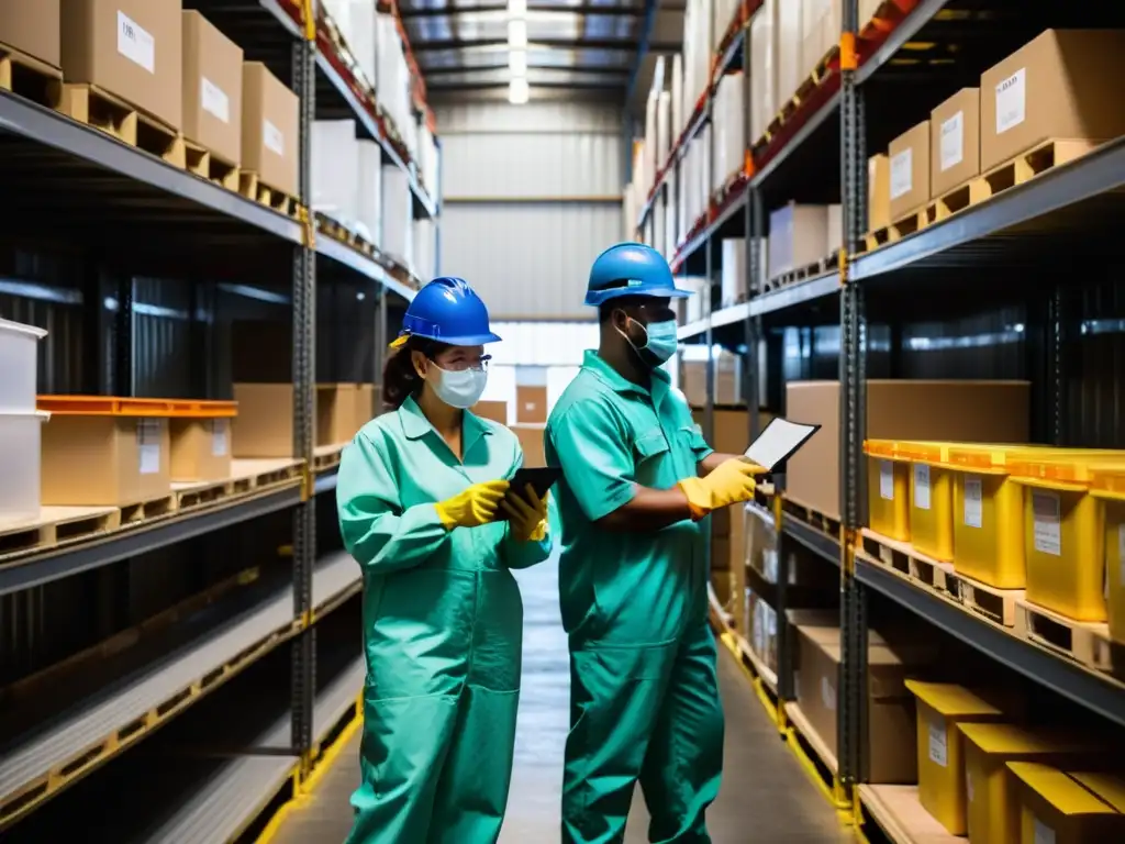 Trabajadores con equipo de protección inspeccionan mercancías peligrosas en almacén, mostrando formación especializada logística