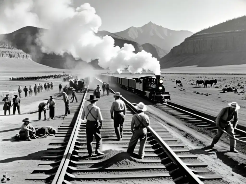 Trabajadores ferroviarios construyendo el impacto del ferrocarril transcontinental en las naciones