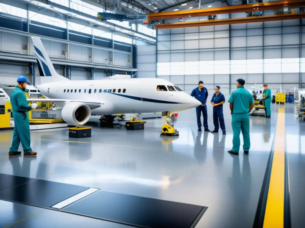 Trabajadores usando herramientas clave en la fabricación de aviones, en una planta de tecnología avanzada