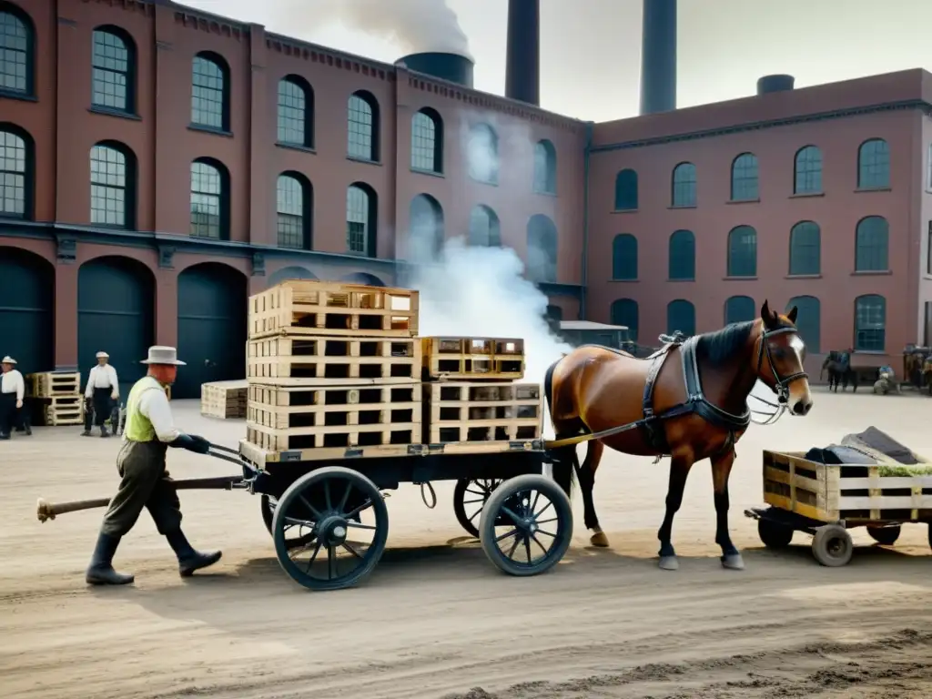 Trabajadores cargan mercancías peligrosas en antiguo transporte de carga, evolución del transporte de mercancías peligrosas