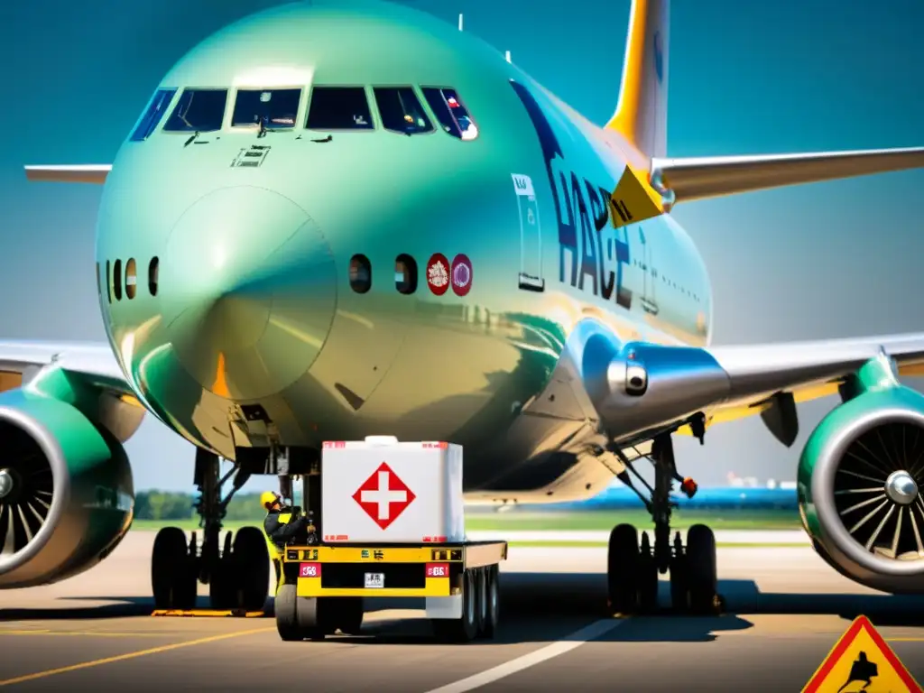 Carga peligrosa: Proceso de carga en avión de manera segura Trabajadores cargan avión con mercancías peligrosas siguiendo estrictos protocolos de seguridad en envío mercancías peligrosas transporte aéreo