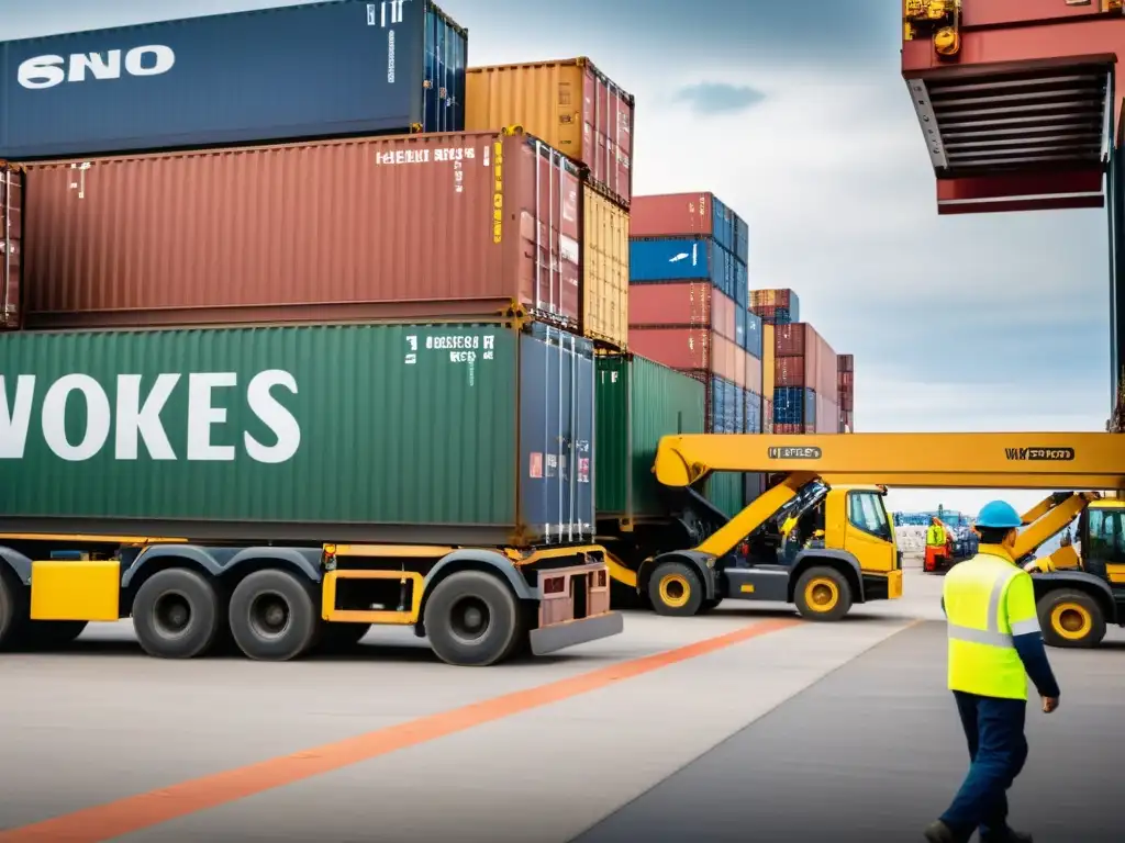 Trabajadores en muelle ocupado asegurando carga para transporte marítimo, destacando la gestión de riesgos en logística