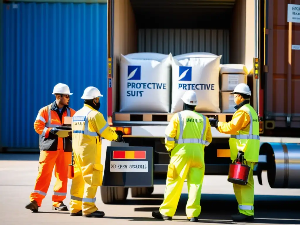 Trabajadores cargan sustancias peligrosas en traje protector, destacando los desafíos del transporte internacional