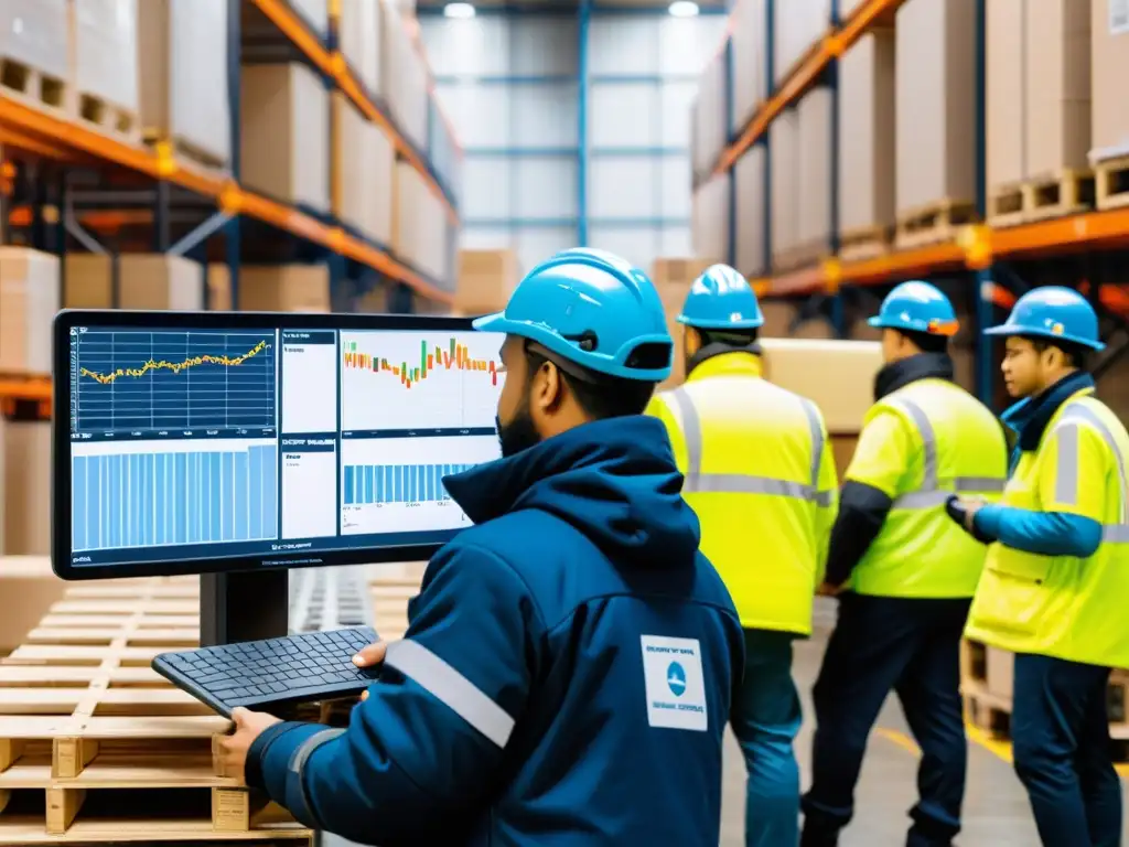 Logística de cadena de frío con tecnología blockchain Trabajadores en almacén con tecnología blockchain, gestionando productos sensibles a la temperatura