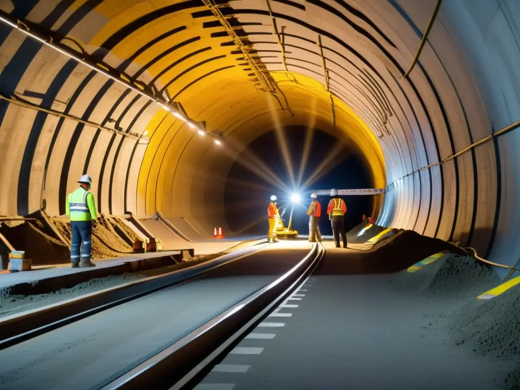 Trabajadores usando tecnologías emergentes en construcción de túneles, iluminados por potentes luces LED en un sitio de construcción subterráneo