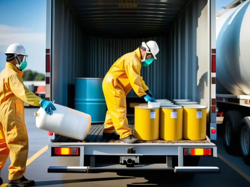 Trabajadores en trajes de hazmat cargando barriles químicos con innovaciones en tecnologías de barrera para transporte de químicos