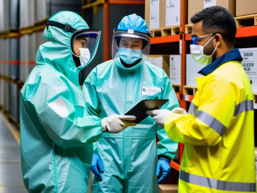 Trabajadores en trajes protectores inspeccionando materiales peligrosos en una instalación de logística inversa