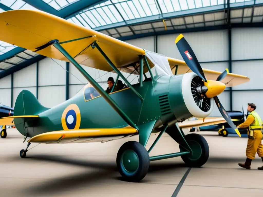 Trabajadores en trajes de seguridad vintage inspeccionan detallado avión antiguo, evocando la evolución de normativas seguridad aérea