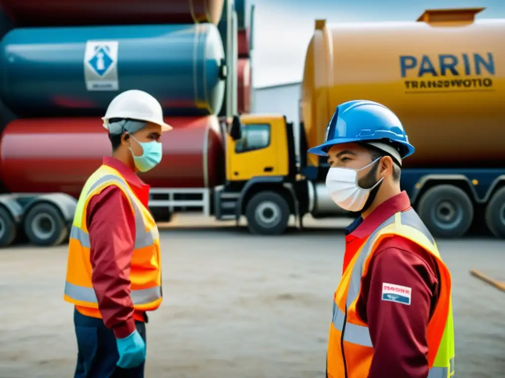 Trabajadores del transporte inspeccionan productos peligrosos en sitio industrial, enfocados en conciencia de riesgos