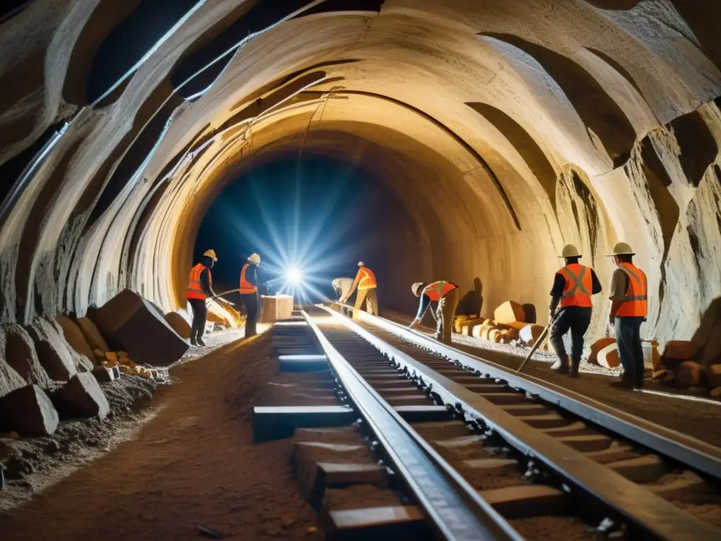 Trabajadores esculpen un túnel subterráneo en la era primitiva, mostrando la evolución de los túneles subterráneos