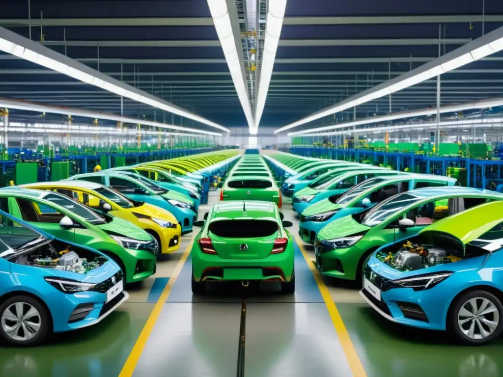 Trabajadores ensamblan vehículos con material reciclado, destacando los beneficios del reciclaje en vehículos en la industria automotriz