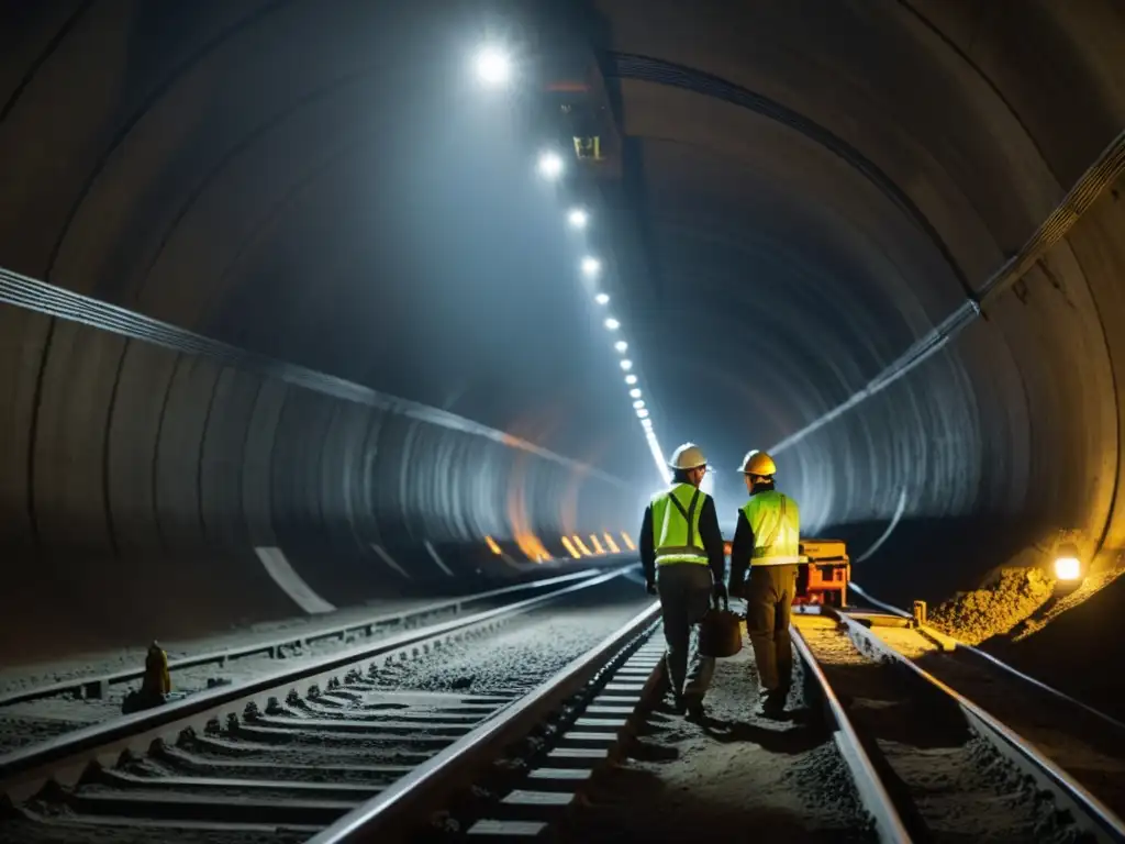 Trabajadores colocando vías en túnel subterráneo, con determinación en el desarrollo de transporte subterráneo urbano