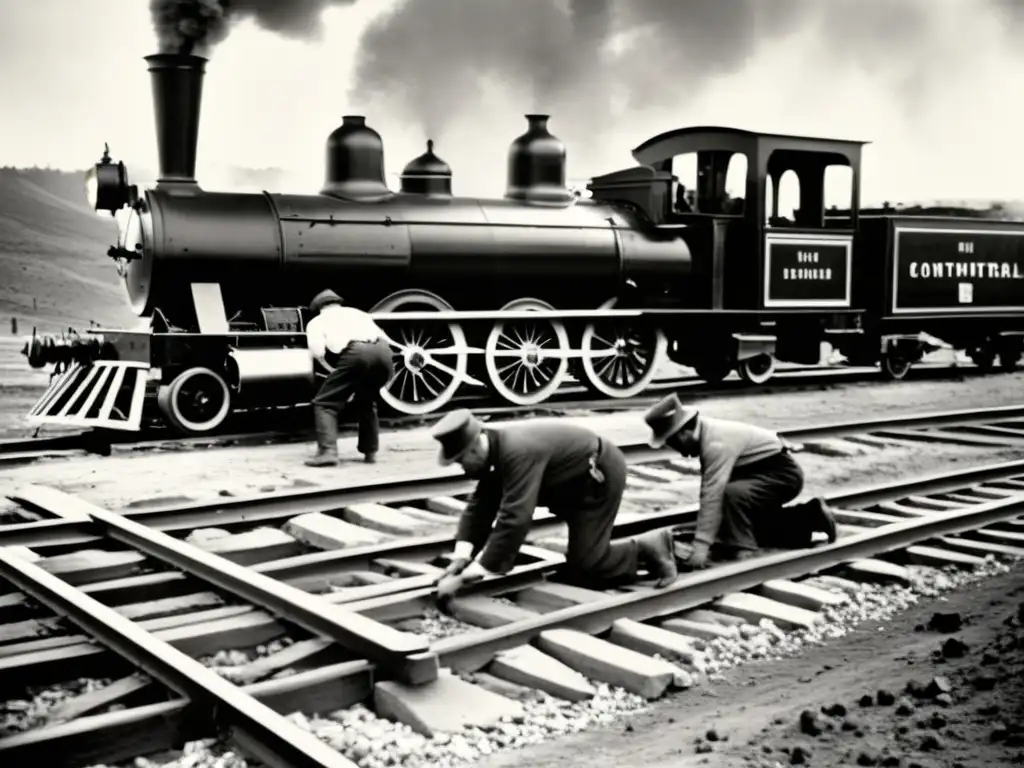 Trabajadores construyendo vías del ferrocarril en el siglo XIX, con locomotora al fondo