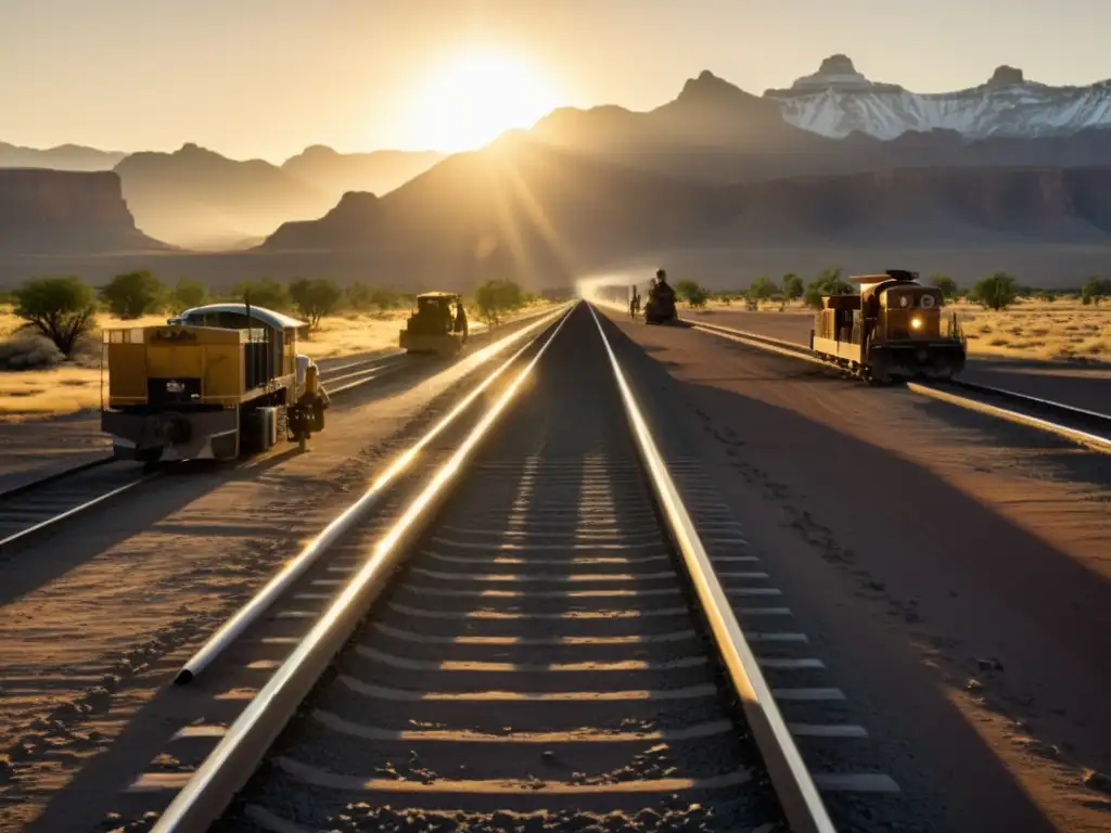 Construcción ferrocarriles Western: Trabajadores construyen vías en paisaje montañoso, bañado por cálida luz dorada