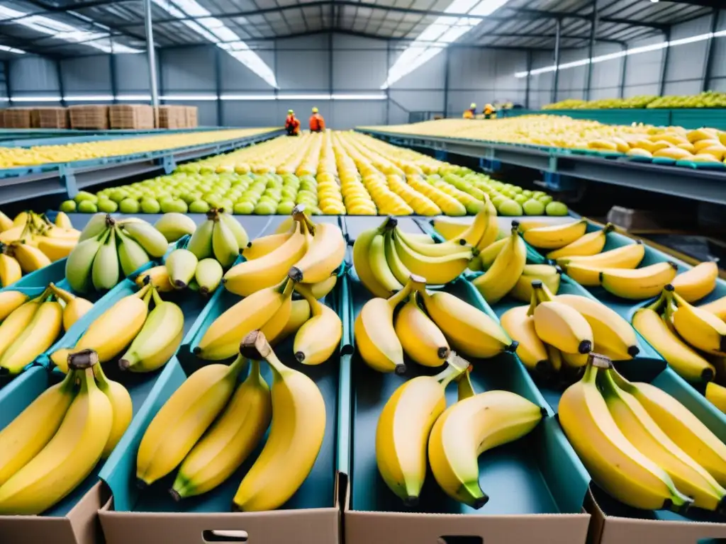 Empacando Bananas Amarillas Frescas para Exportación Trabajo en almacén: inspección y embalaje de plátanos amarillos con aroma dulce, logística de productos sensibles a la temperatura