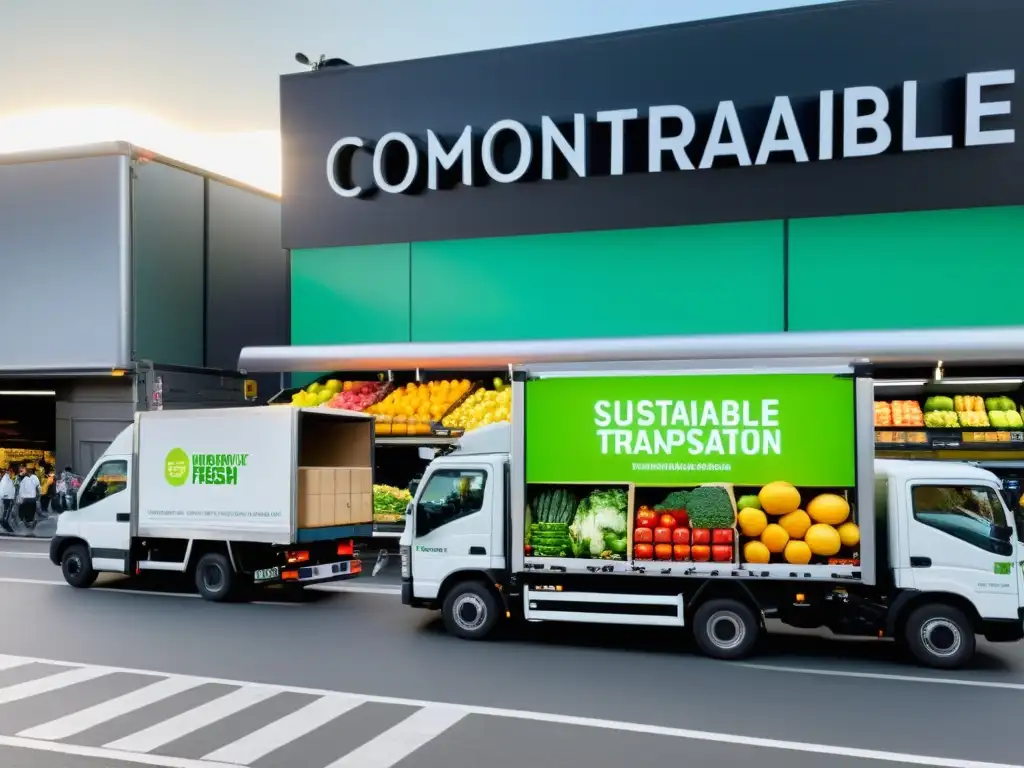 Trabajo nocturno en el transporte de frío en la ciudad: descarga de productos frescos de camiones refrigerados frente a un supermercado urbano