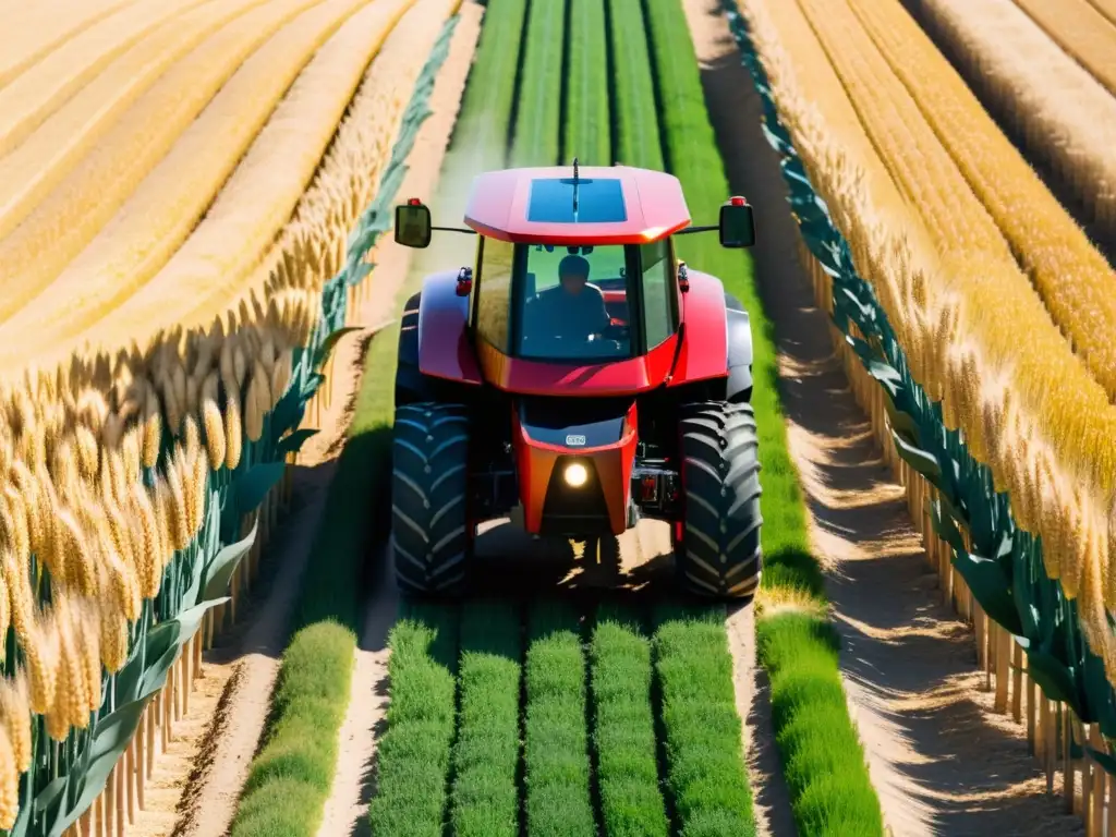 Un tractor autónomo futurista recorre un extenso campo de trigo dorado, mostrando la integración de tecnología y tradición en la agricultura