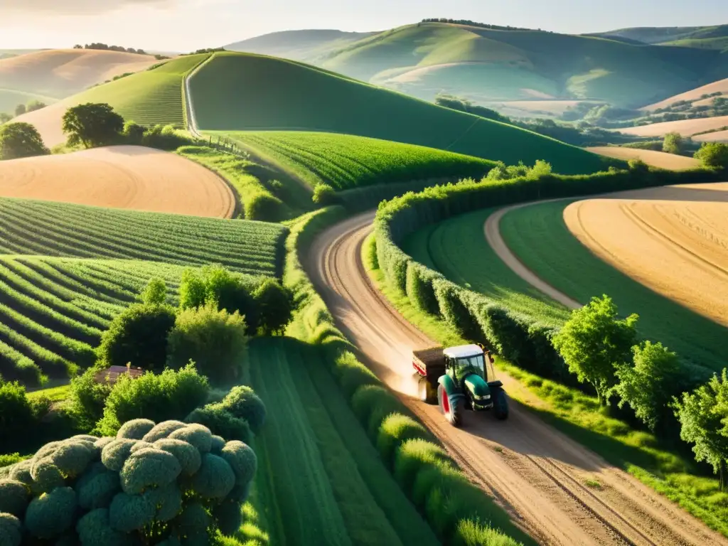 Un tractor avanza por un camino rural entre cultivos, bañado por la cálida luz dorada