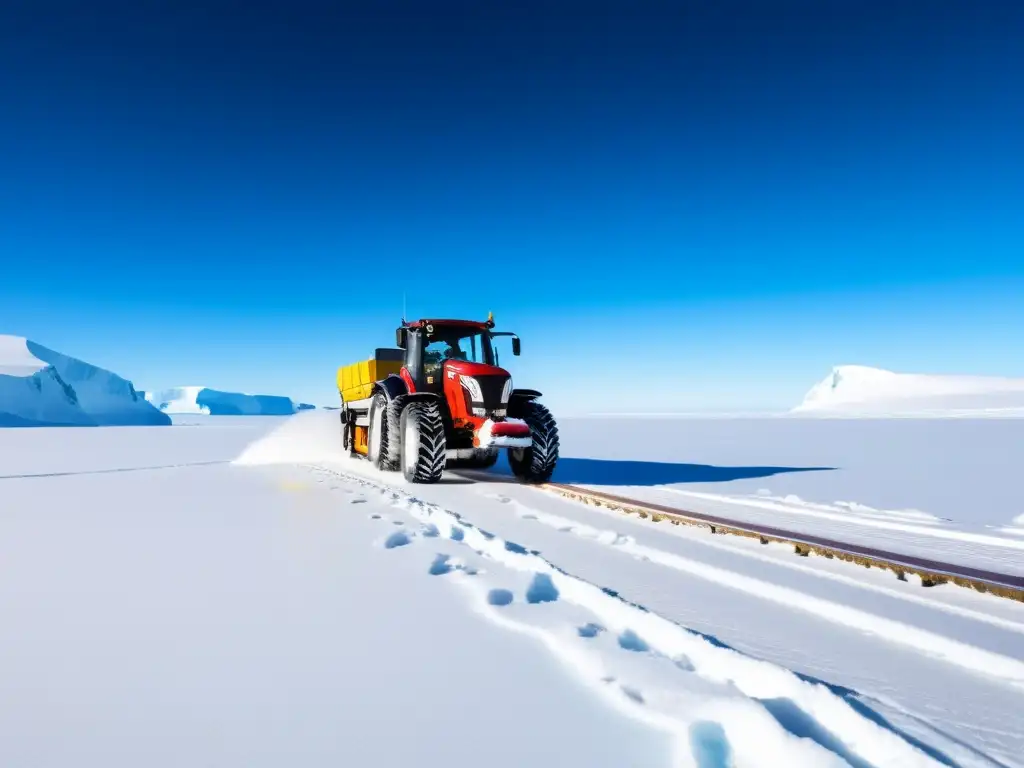 Tractor de nieve arrastra trineo con suministros en la Antártida