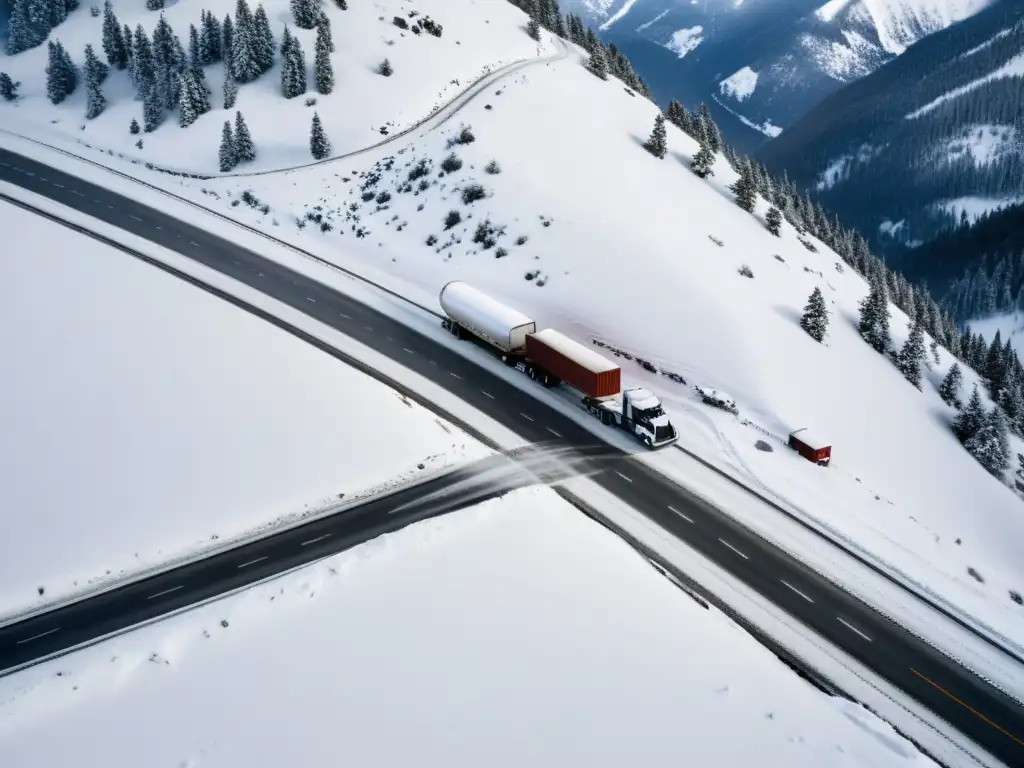 Tractores en carretera montañosa nevada, impacto condiciones meteorológicas transporte mercancías