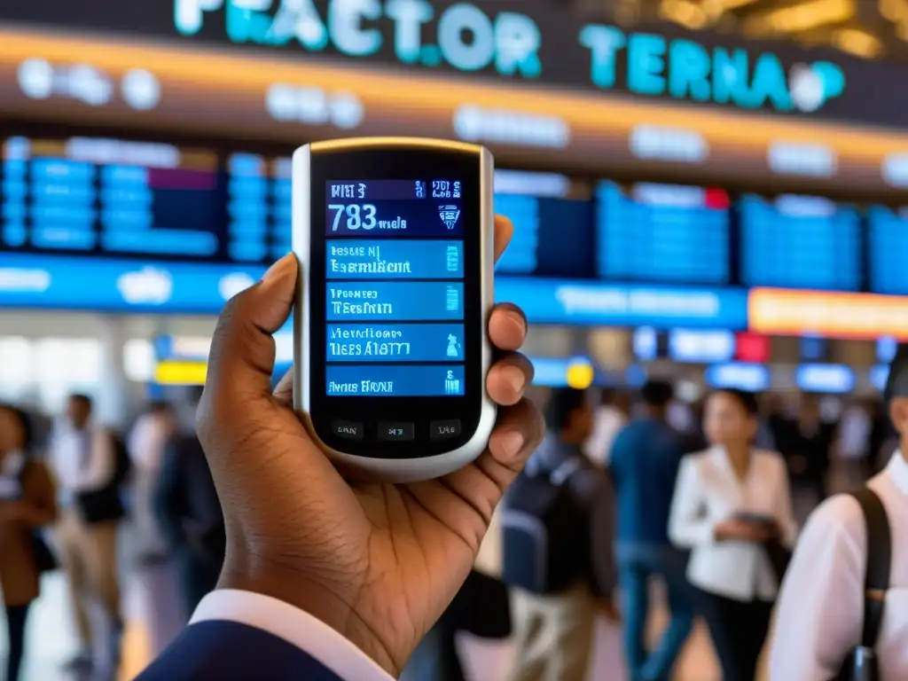 Un traductor de bolsillo rompiendo barreras de idiomas en un bullicioso aeropuerto internacional