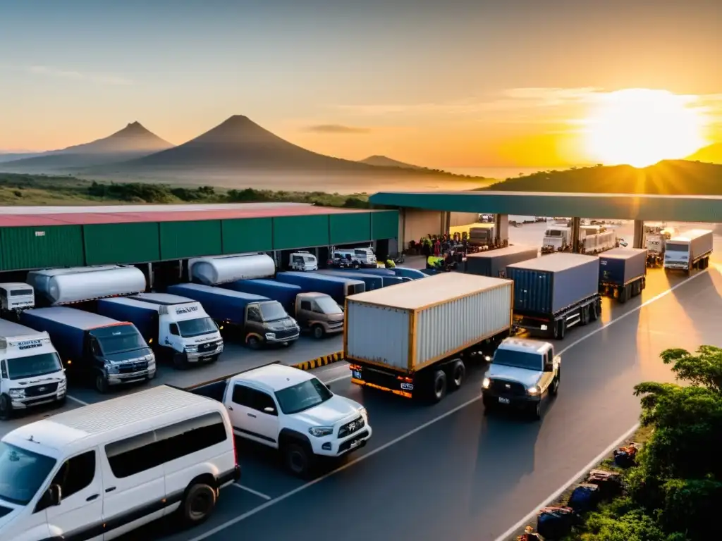 Tráfico en frontera latinoamericana al atardecer, con inspecciones, trabajadores y pasajeros