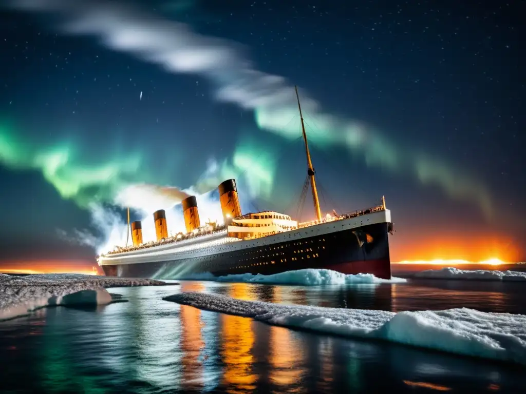 La trágica imagen del hundimiento del Titanic en el Atlántico, con sus bengalas iluminando el cielo nocturno