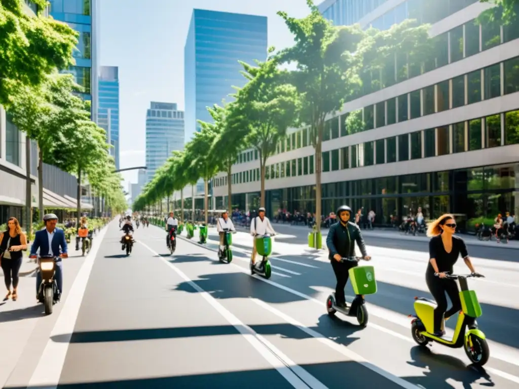 Transformaciones en la movilidad urbana: Una bulliciosa calle de la ciudad llena de diversidad, infraestructura sostenible y arquitectura moderna