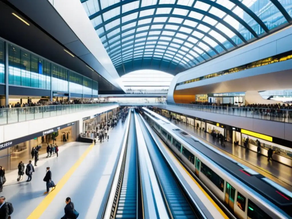 Estación de transporte multimodal con accesibilidad y moderna arquitectura, conectando a viajeros en un ambiente vibrante