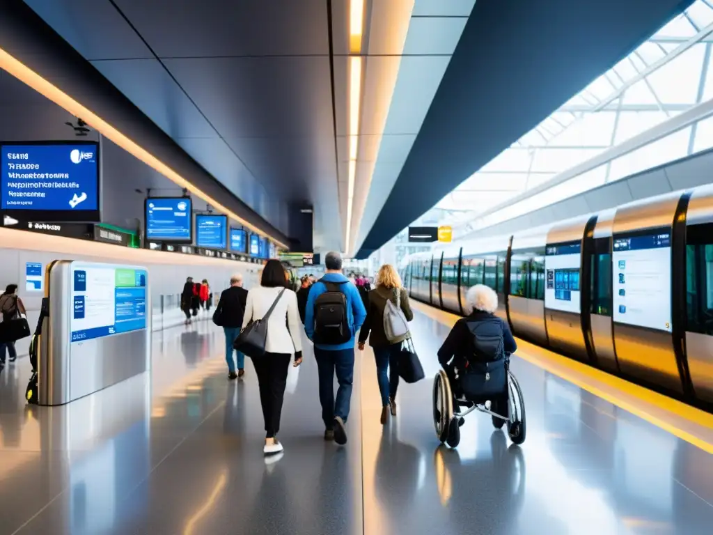 Estación de transporte multimodal con accesibilidad para todos, incluyendo usuarios de silla de ruedas, padres con cochecitos y viajeros mayores