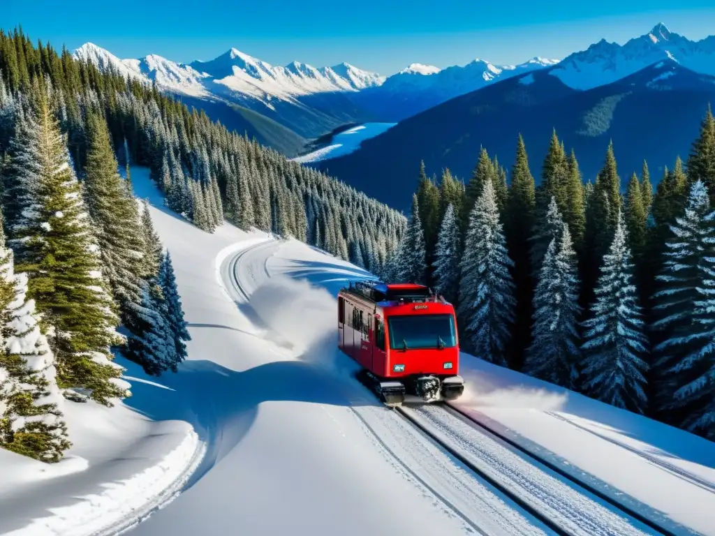 Transporte especializado en estaciones de esquí: un vehículo snowcat rojo recorre una carretera de montaña nevada, rodeada de pinos y picos nevados