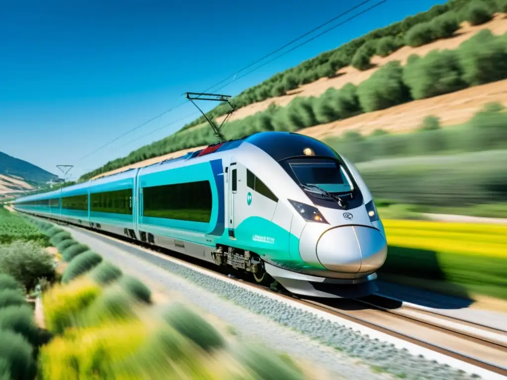 Transformación del transporte ferroviario en España: Un tren de alta velocidad recorre la campiña española, exudando velocidad y eficiencia