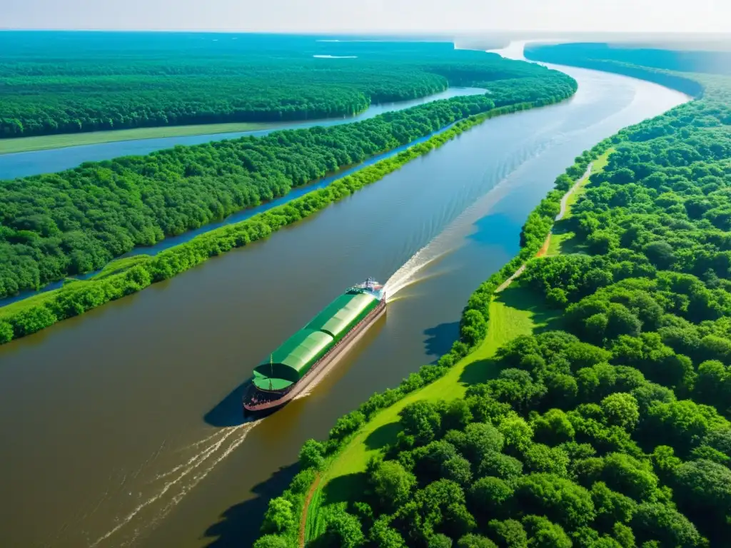 Evolución del transporte fluvial en el río Misisipi: una vista aérea impresionante de la vital red de vías navegables y el paisaje exuberante que lo rodea