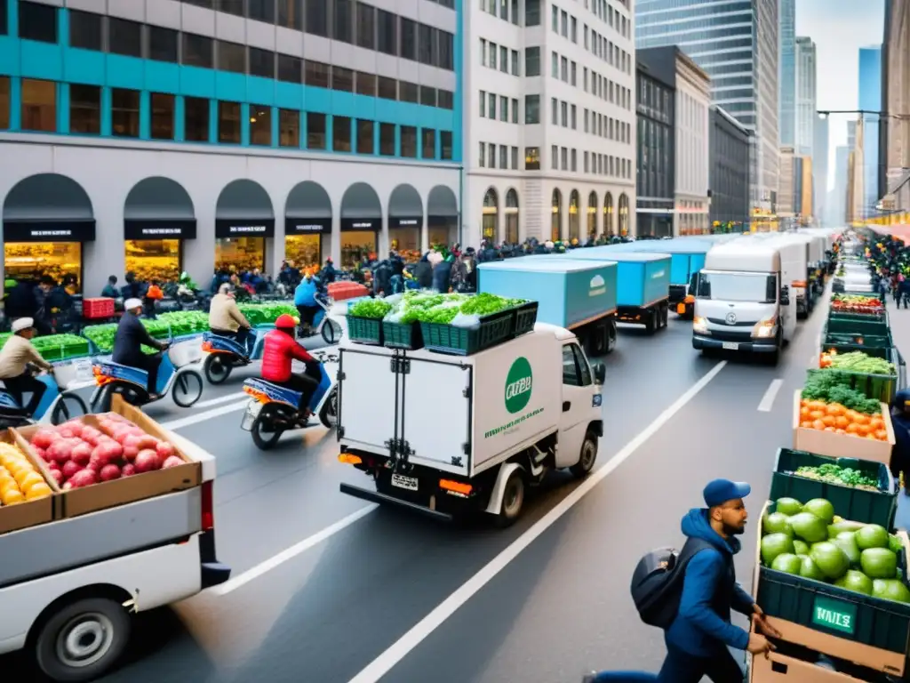 Transporte de frío en la ciudad: Actividad frenética de entrega de productos frescos en una bulliciosa calle urbana