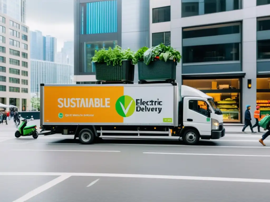 Transporte de frío en la ciudad: Actividad frenética en la calle urbana, con vehículos refrigerados descargando productos frescos y congelados, rodeados de rascacielos y bullicio peatonal