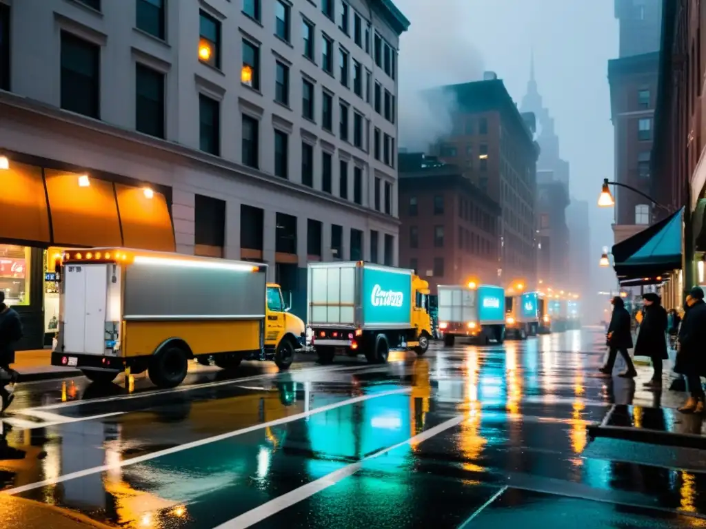 Transporte de frío en la ciudad: noches de bullicio, luces de neón y vapores, reflejos en el pavimento mojado