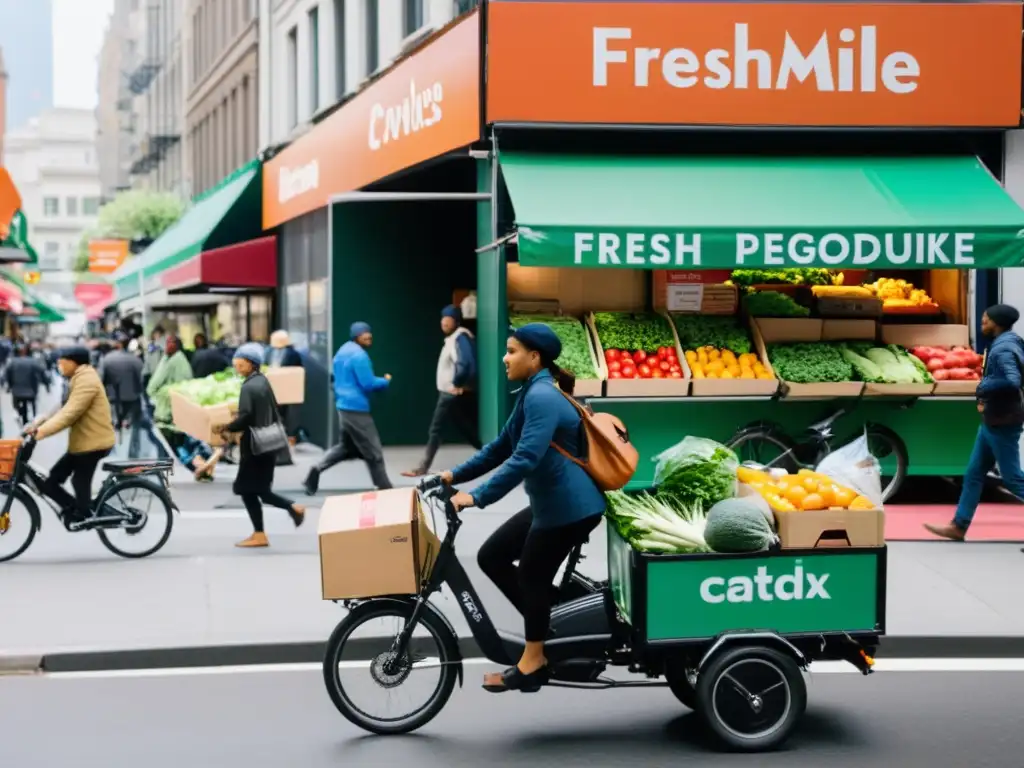 Transporte de frío en la ciudad: Una bulliciosa calle llena de gente, bicicletas y vehículos de reparto