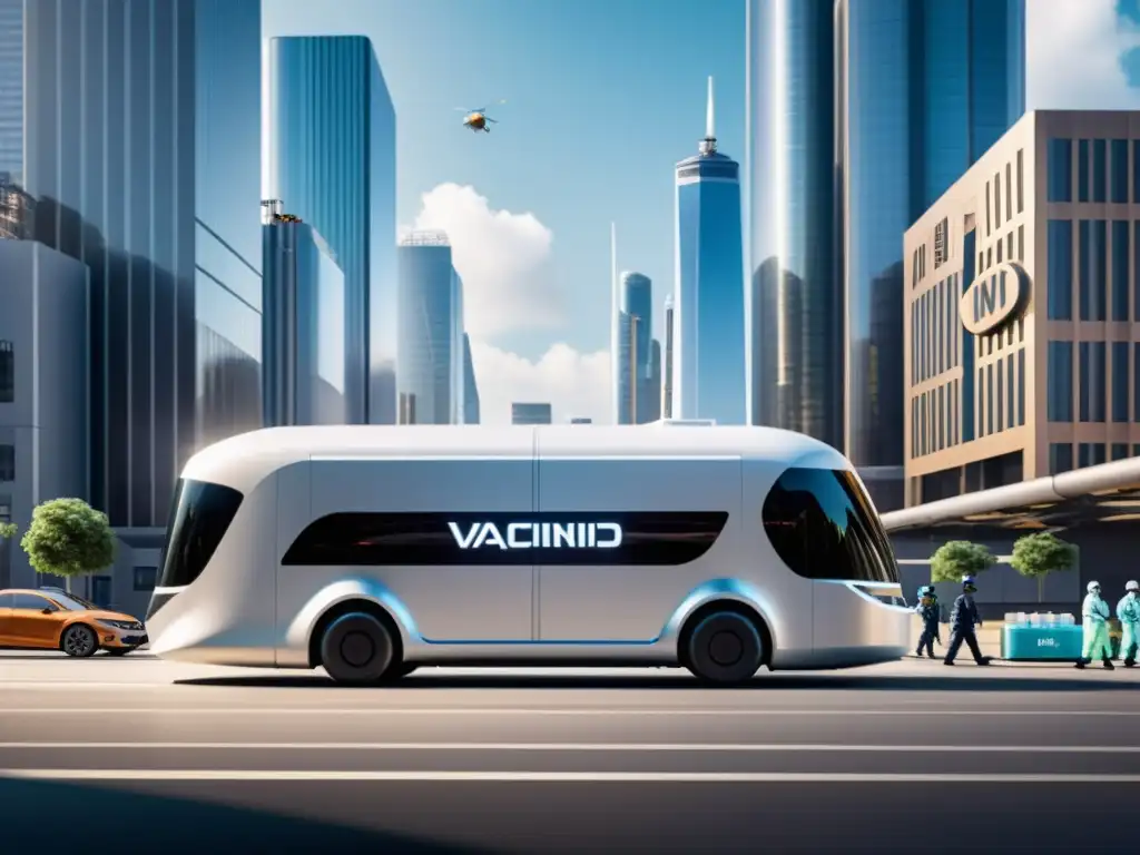 Transporte futurista de vacunas con blockchain en una ciudad tecnológica