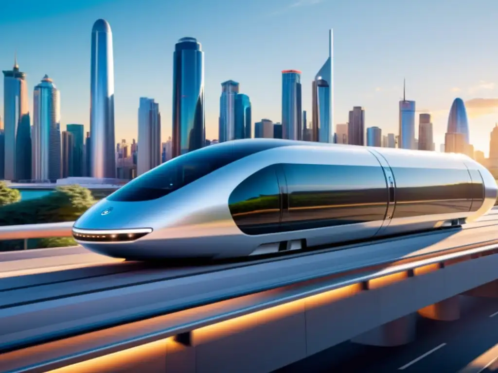 Hyperloop innovación transporte post COVID: Pod de Hyperloop plateado surcando un tubo elevado, con una ciudad futurista y animada de fondo