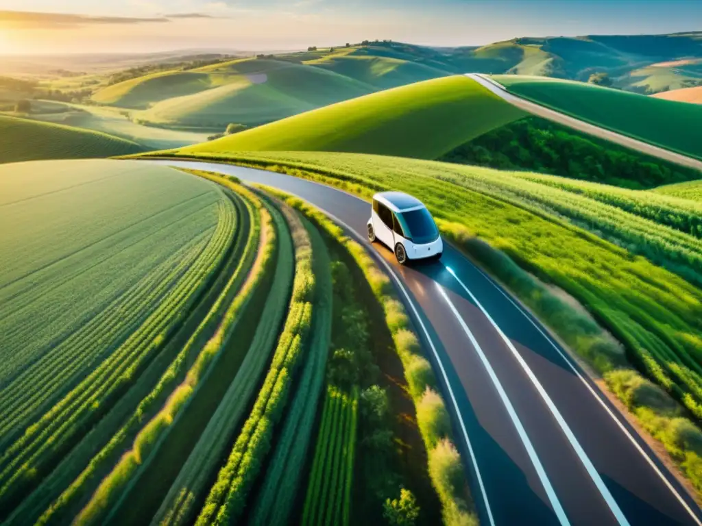 Transporte inteligente en zonas rurales: Vehículo eléctrico autónomo recorriendo un paisaje rural, integrándose armoniosamente en la naturaleza